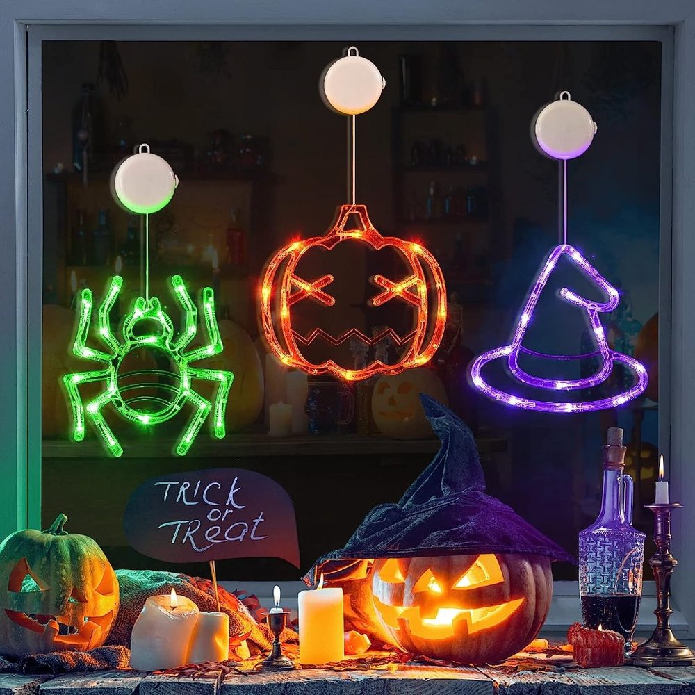 Home 3 Pack Orange Pumpkin Green Spider Purple Witch Hat Halloween Window Light